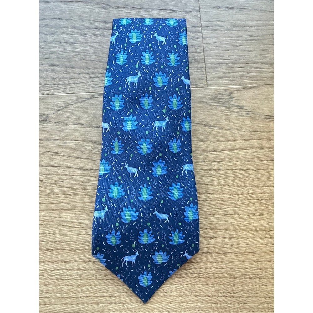 Hermes Paris Men Blue Silk Animal Floral Gazelle Print Tie 7069TA Made in France - Picture 6 of 6